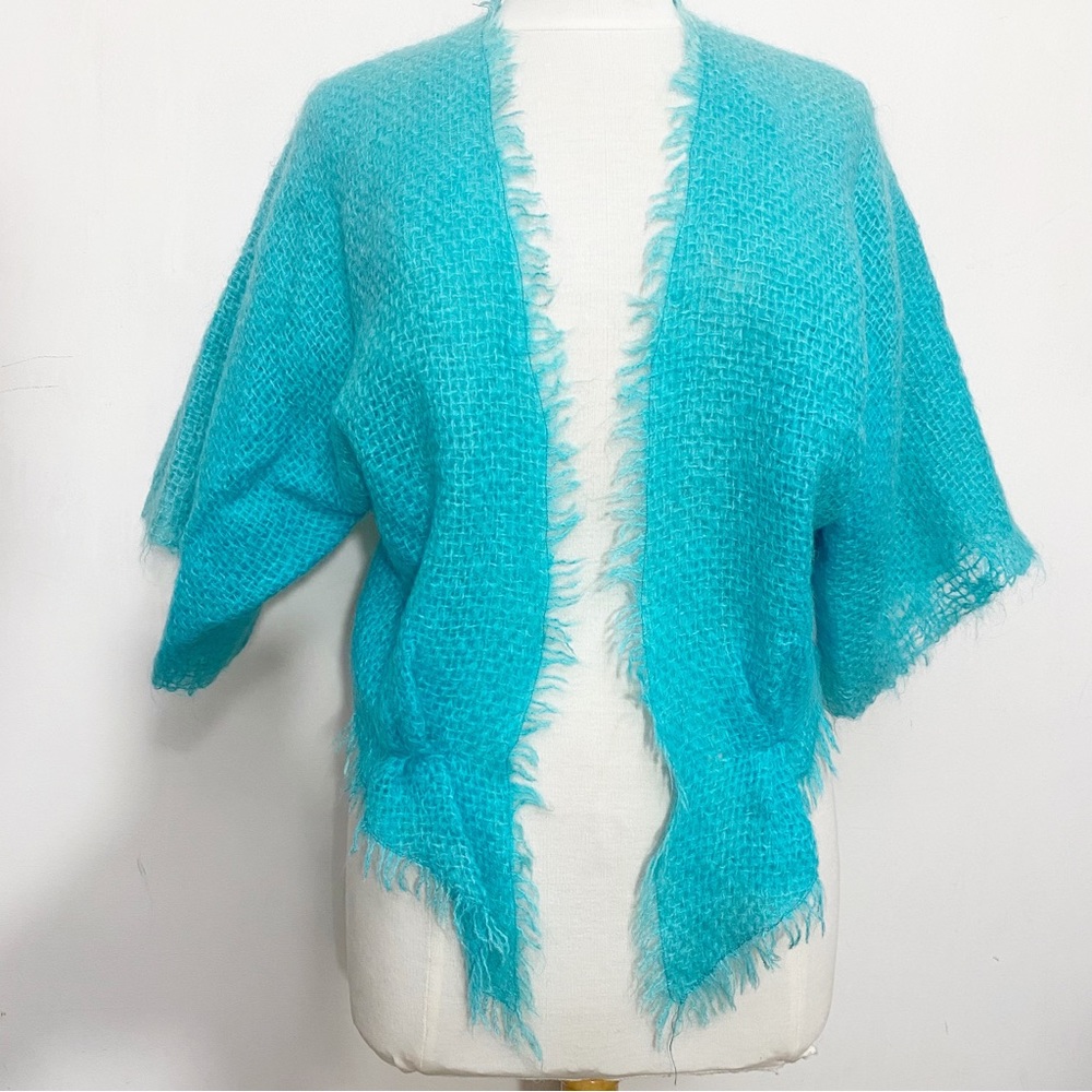 Hand Made Unique woven raw frayed edge shrug jacket shaped front Aqua L/XL
